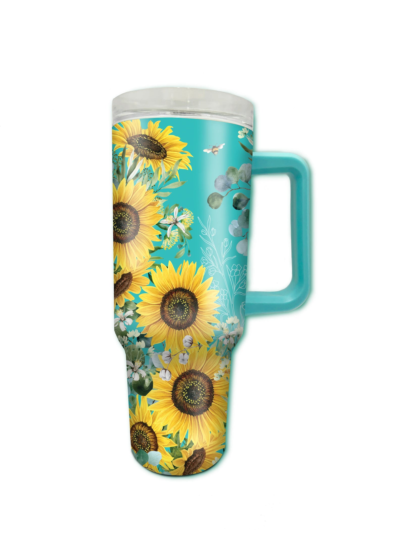 Lisa Pollock Bee Sunny Mugmazing Cups. Turquoise travel mug with sunflower design on a white background