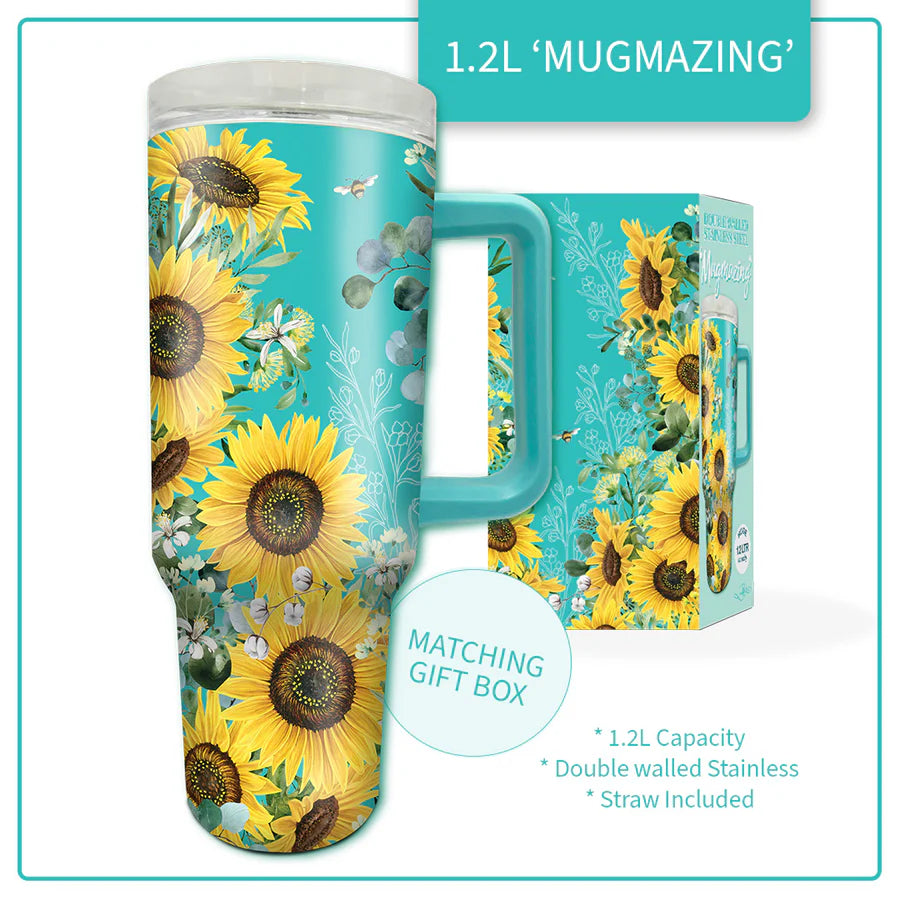 Lisa Pollock Bee Sunny Mugmazing Cups. Tumbler with sunflower design and matching gift box on a white background