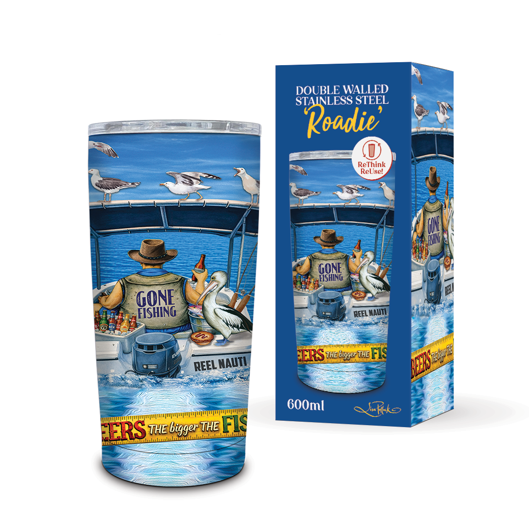 A double-walled stainless steel tumbler with a blue and white 'Gone Fishing' seagull-themed wrap, shown next to its blue retail packaging box on a white background.