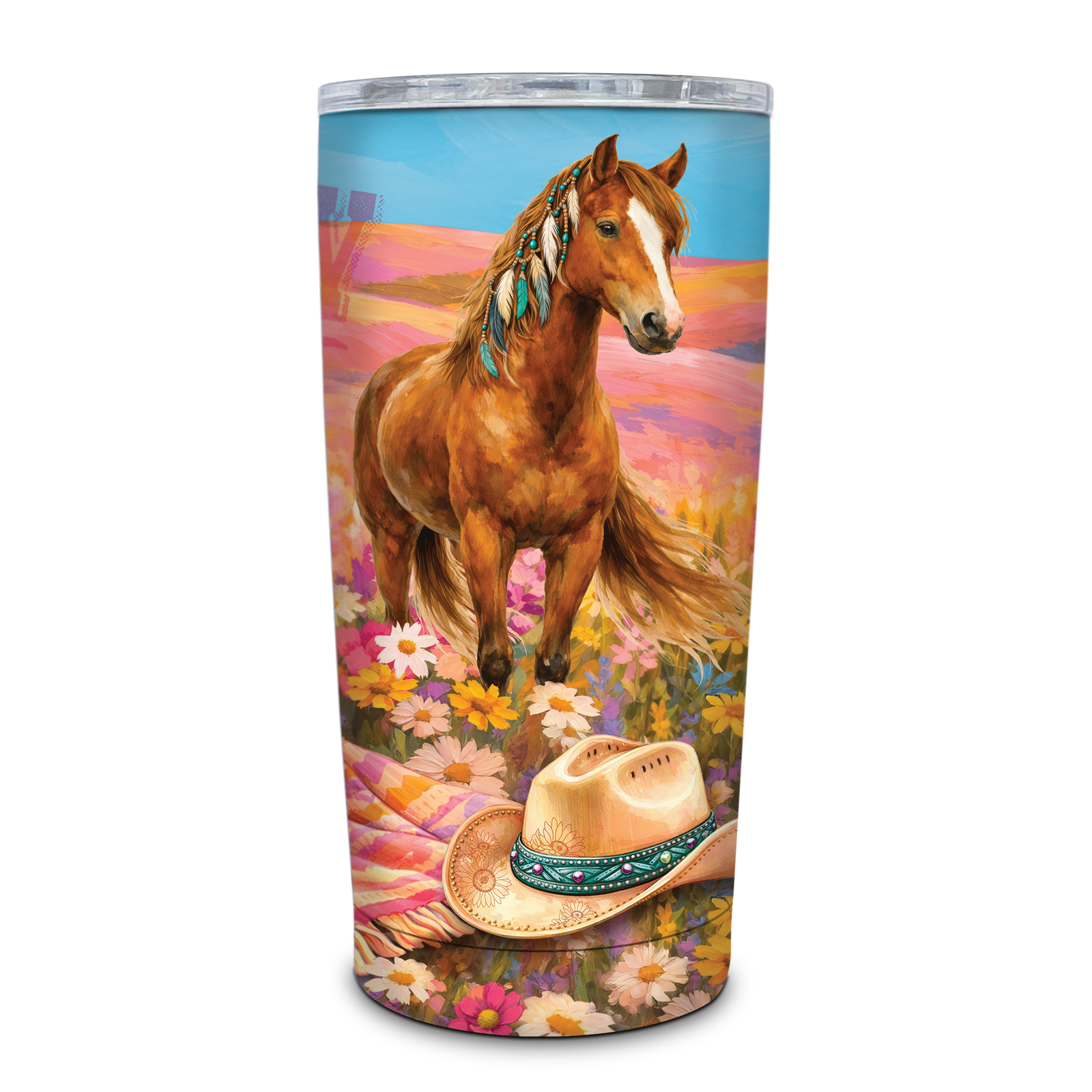 A tall insulated tumbler with a clear lid, printed with a colorful western-style scene featuring a brown horse standing in a field of flowers, with a cowboy hat near the bottom. The tumbler is shown on a plain white background.