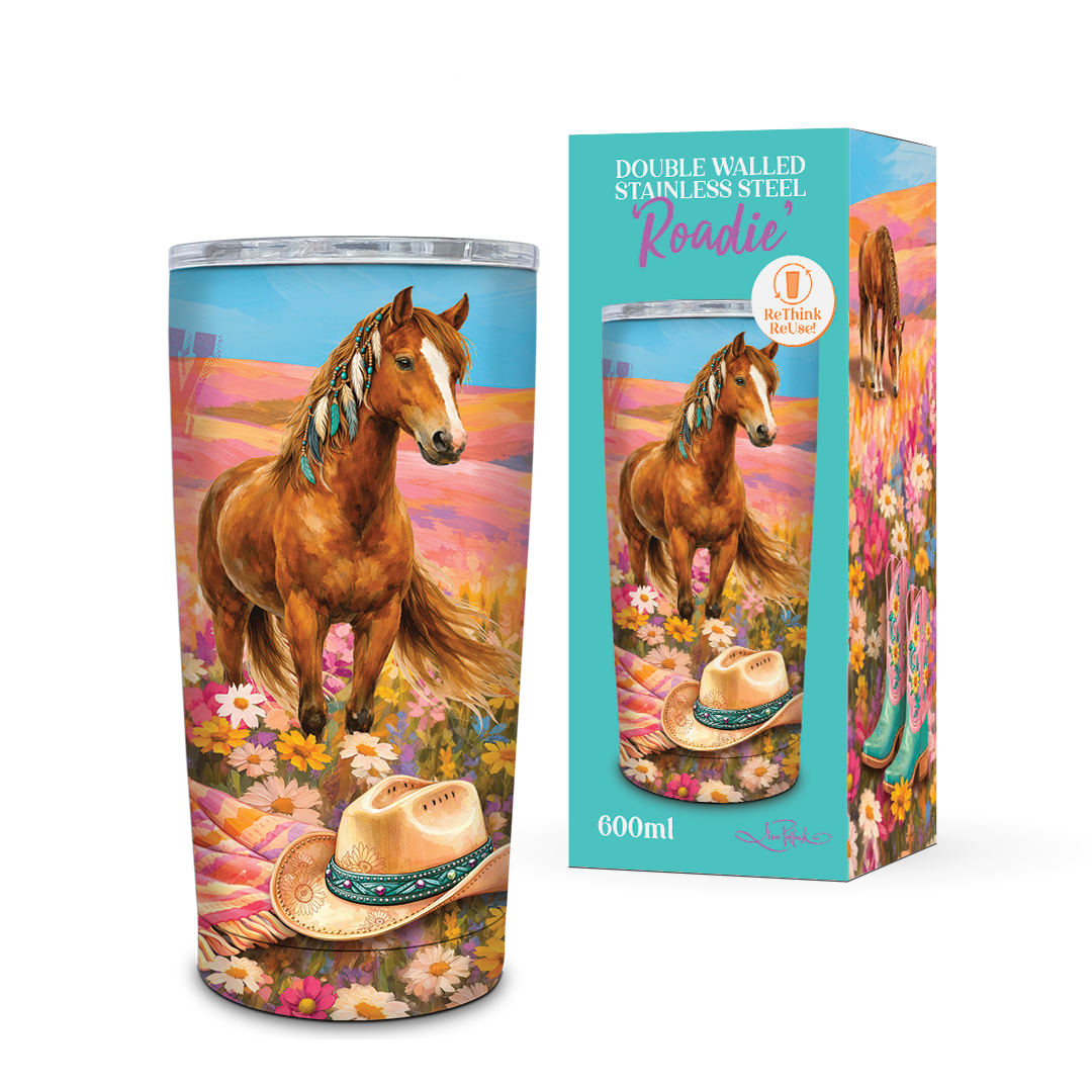 A tall insulated tumbler with a clear lid, printed with a colorful western-style scene featuring a brown horse standing in a field of flowers, with a cowboy hat near the bottom. The tumbler is shown on a plain white background.