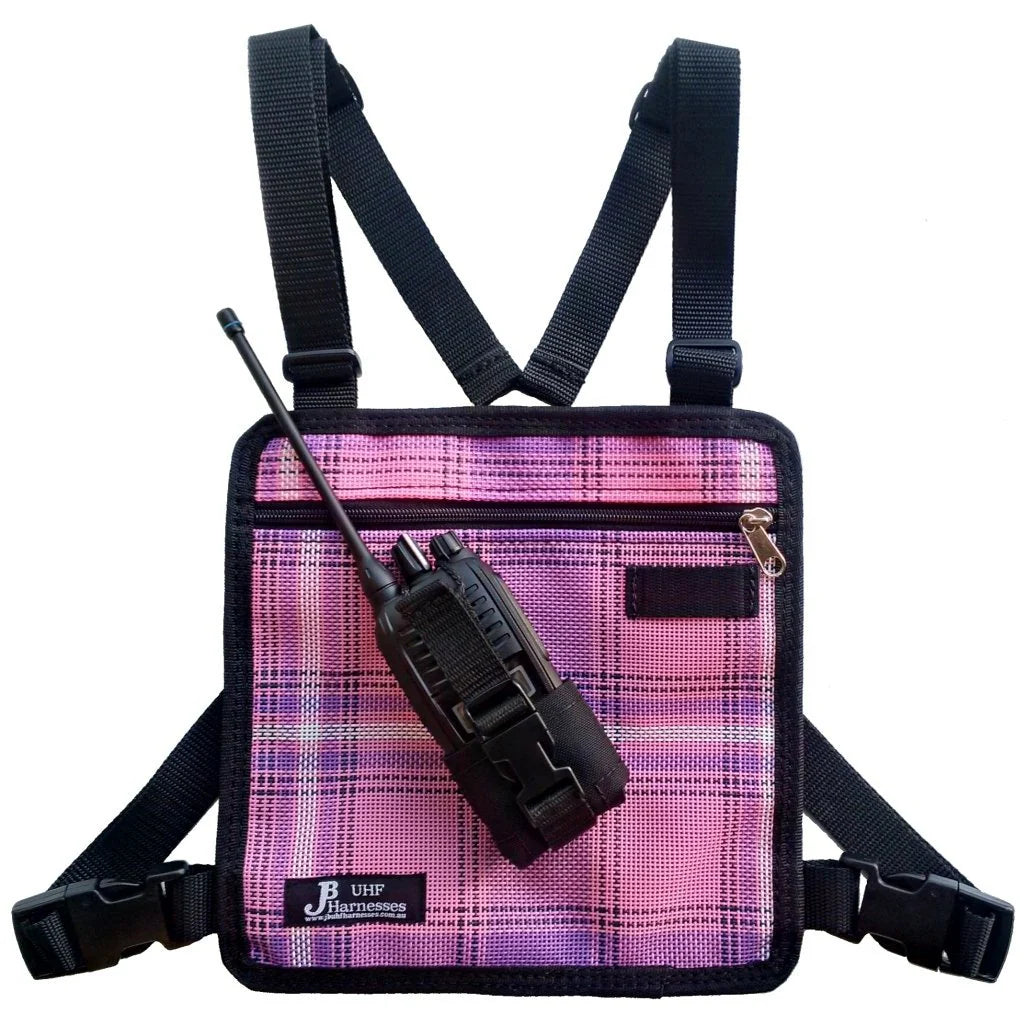 JB UHF Harnesses Kids Standard Radio Pouch. Blue plaid vest with black radio and straps on a white background