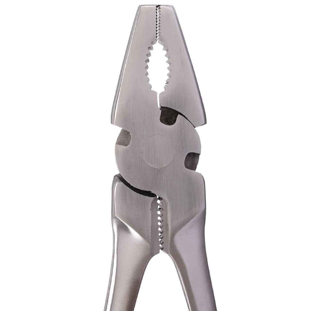 A close-up studio shot of a pair of silver metal pliers with a textured, brushed finish, set against a solid white background.