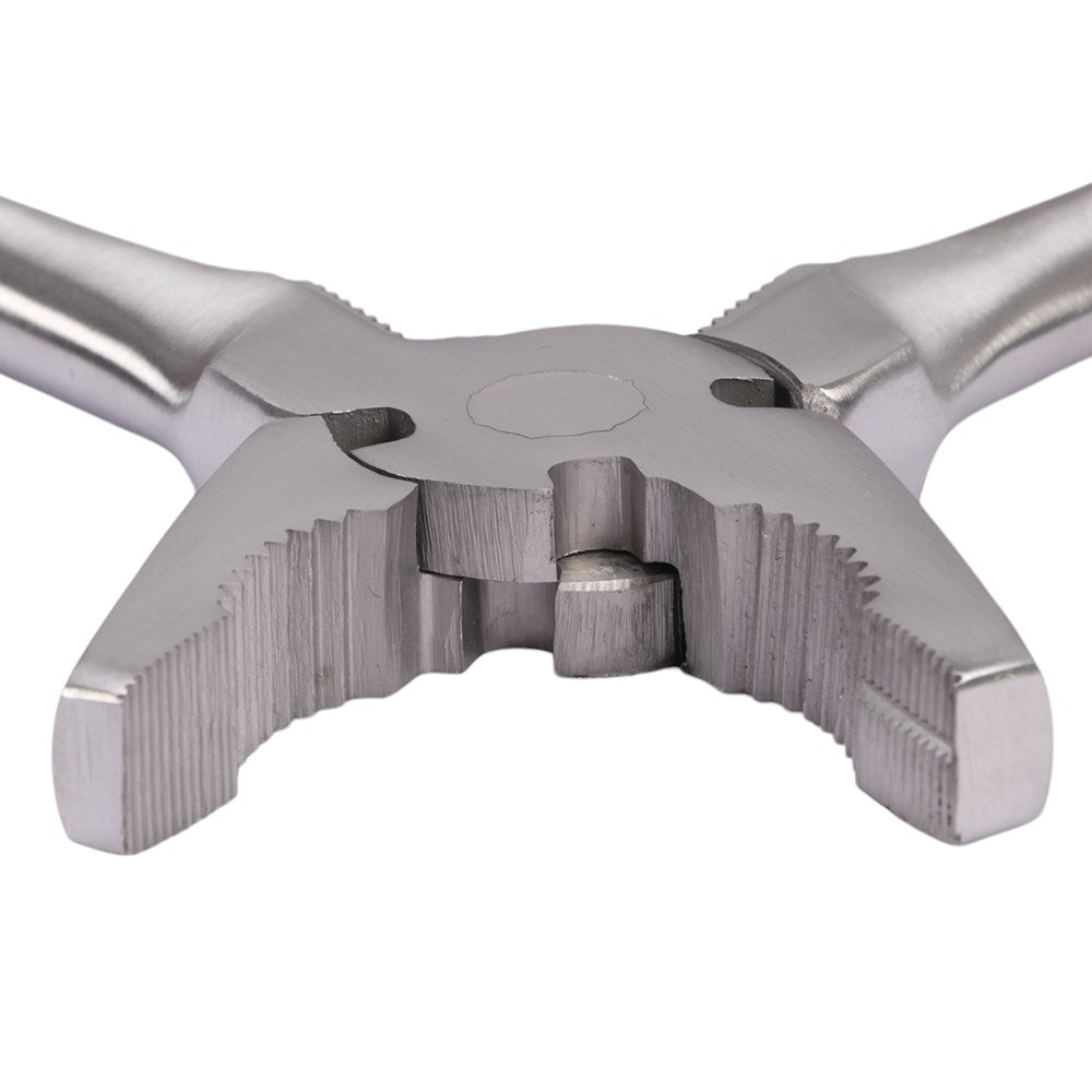 A close-up of a metallic three-spoke tool, likely a wrench or pliers, with a brushed silver finish on a plain white background.