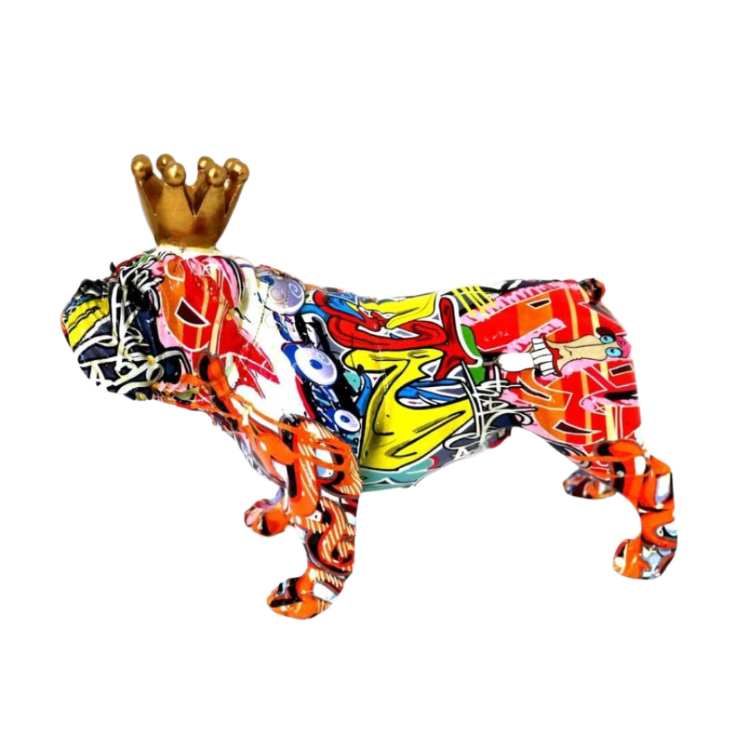 Brutus Retro Psychelic Painted Dog with Crown. Colorful bulldog sculpture with a gold crown against a white brick wall