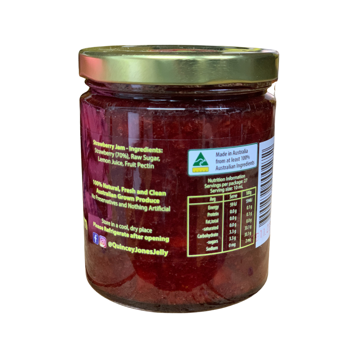 Quincey Jones 270ml Strawberry Jam. Jar of strawberry jam with a gold lid on a white background