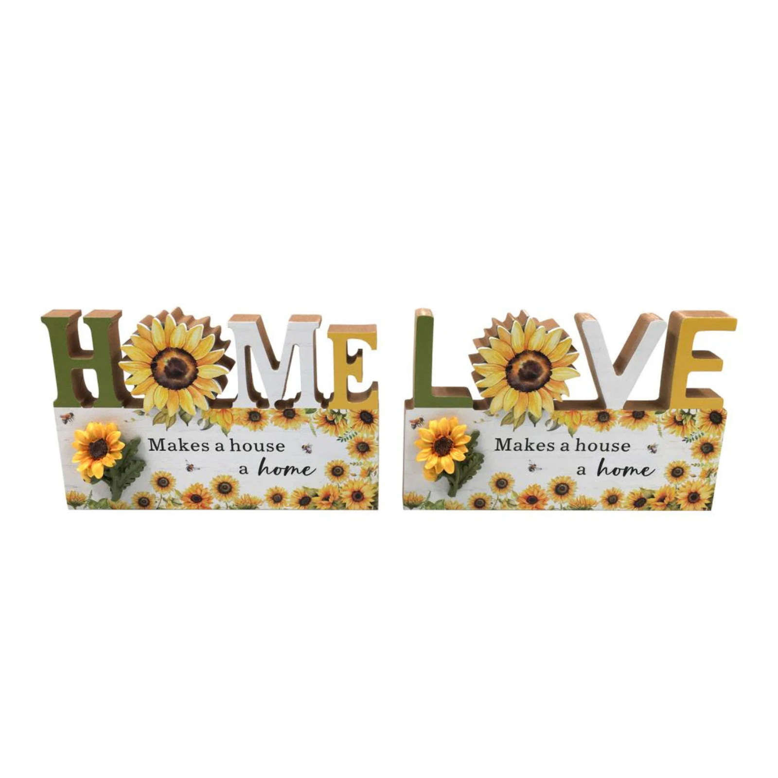 Malmar Sunflower Love Makes A House A Home Assorted*. Decorative signs with sunflowers and text on a white background