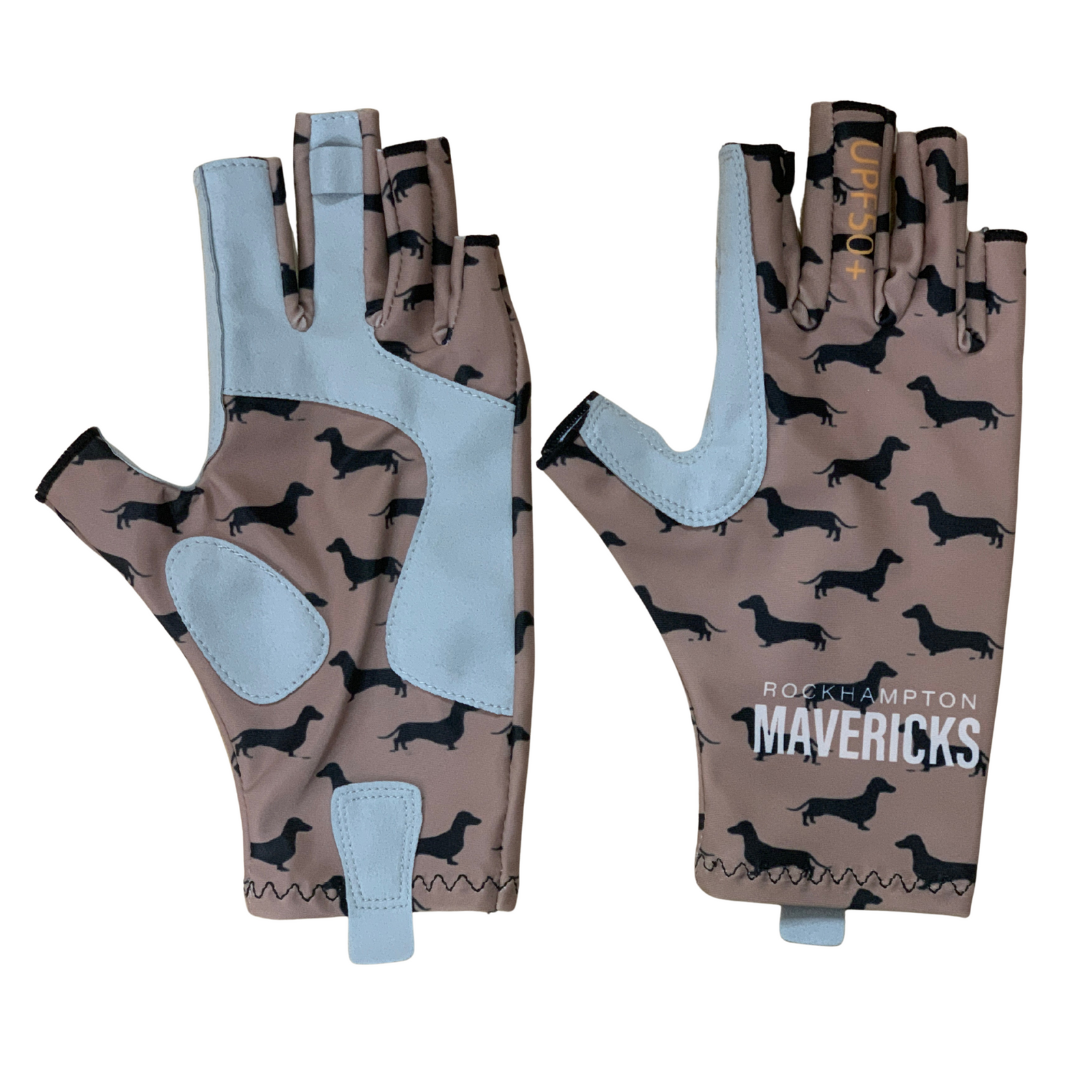 Sunnyskinz Doxie LovePF 50+ Gloves. Pair of gloves with dachshund pattern and 'Rockhampton Mavericks' text on a white background