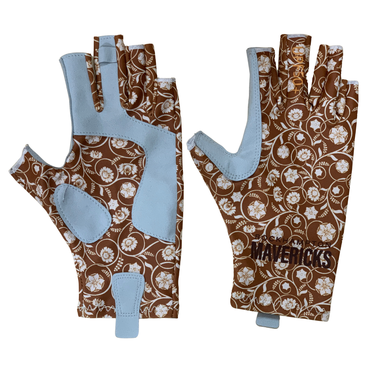 Sunnyskinz Floral VineUPF 50+ Gloves. Pair of gloves with floral pattern and blue accents on a white background