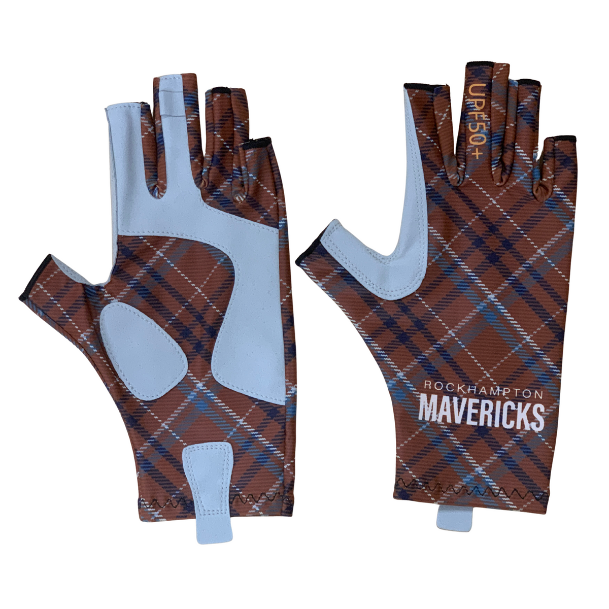 Sunnyskinz Rustic Plaid UPF 50+ Gloves. Pair of plaid fishing gloves with &#39;Rockhampton Mavericks&#39; branding on a white background