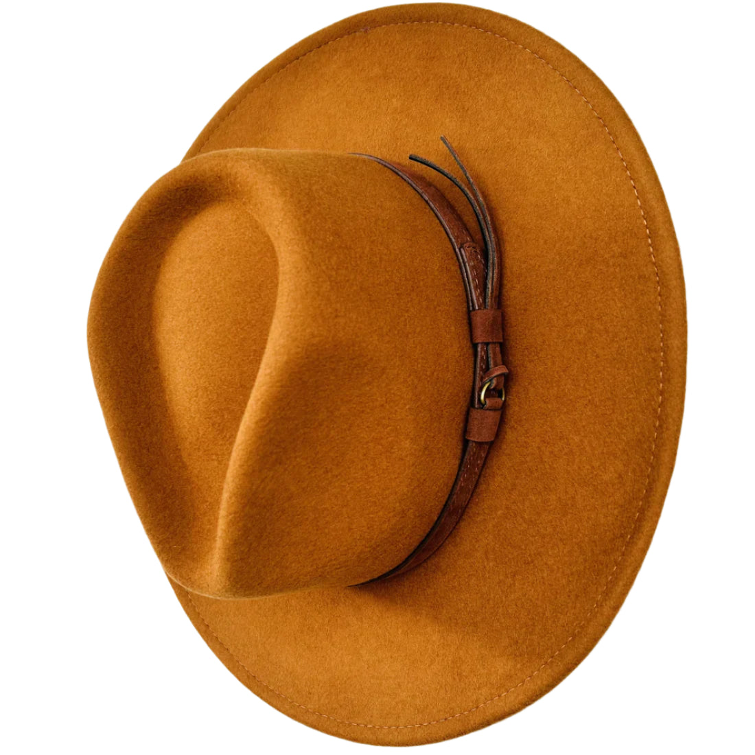 Sundaise Rhiannon Panama Hat. Brown fedora hat with a brown band on a light gray background