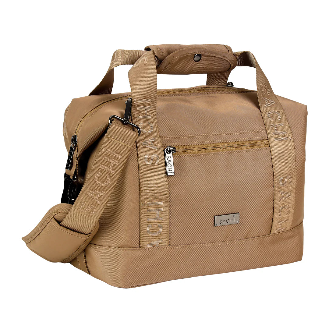 Sachi Insulated 'Versa' Adjustable Cooler Bag. Tan duffel bag with shoulder strap on a white background