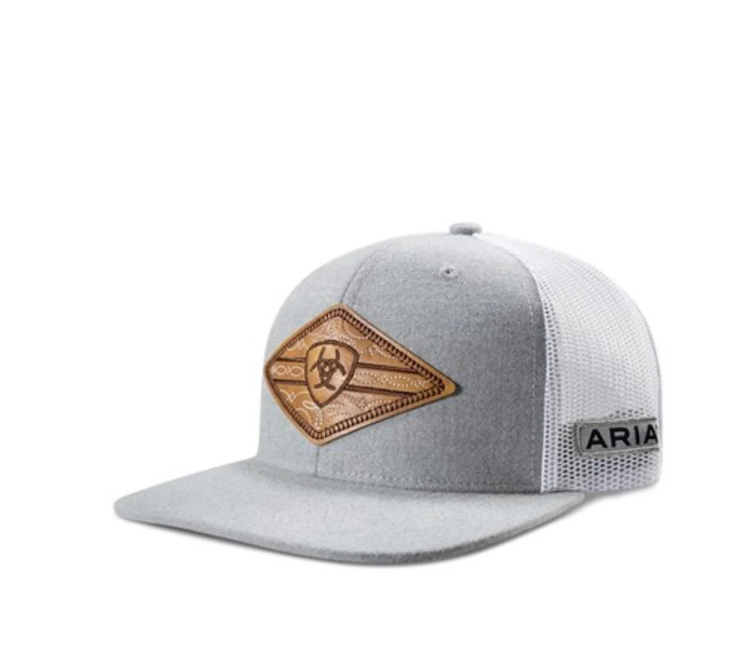 Gray cap with leather patch and 'Aria' branding on a white background