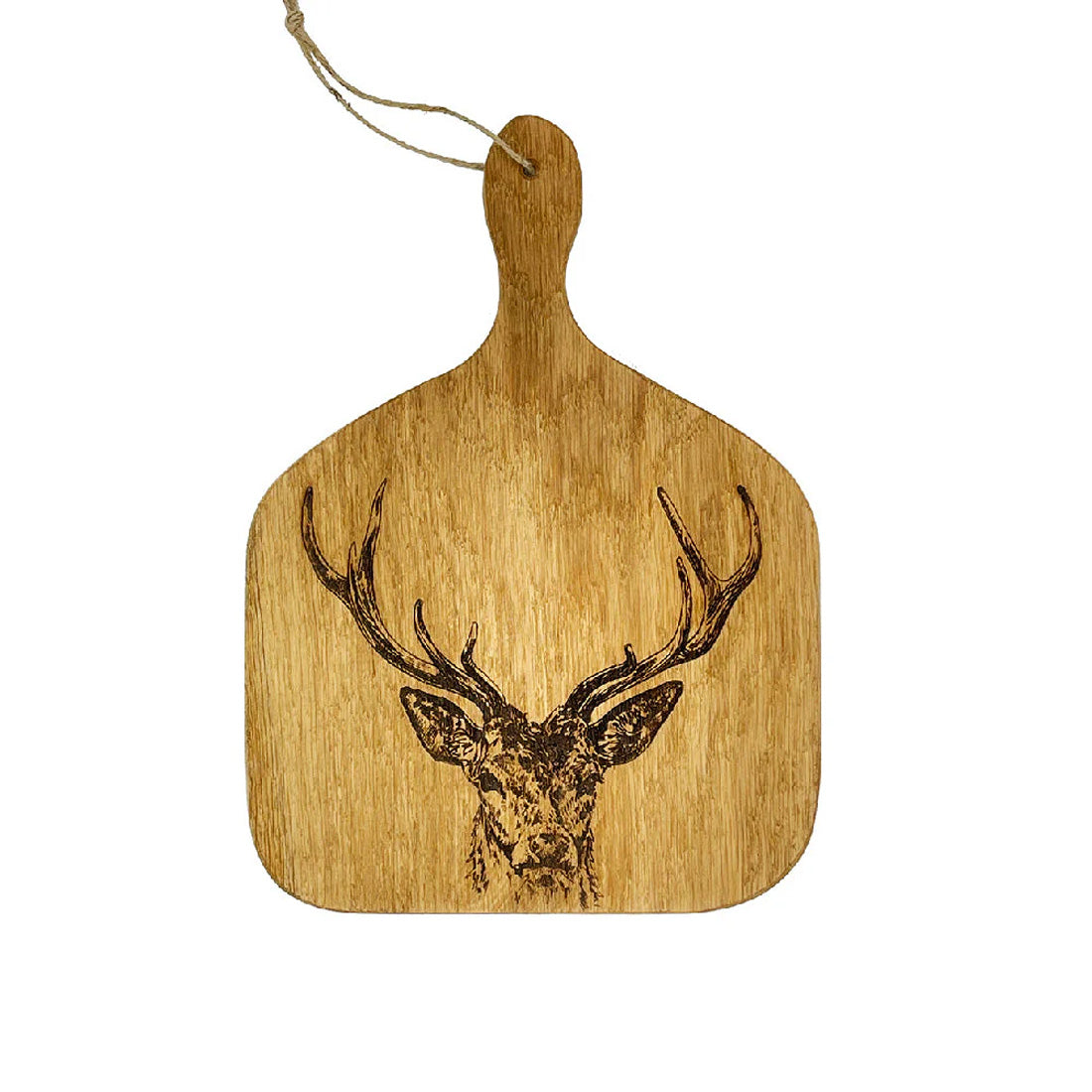 A wooden serving board or paddle with a handle and hanging twine, featuring a dark engraved stag head design on a light natural wood background, shown against a plain white background.