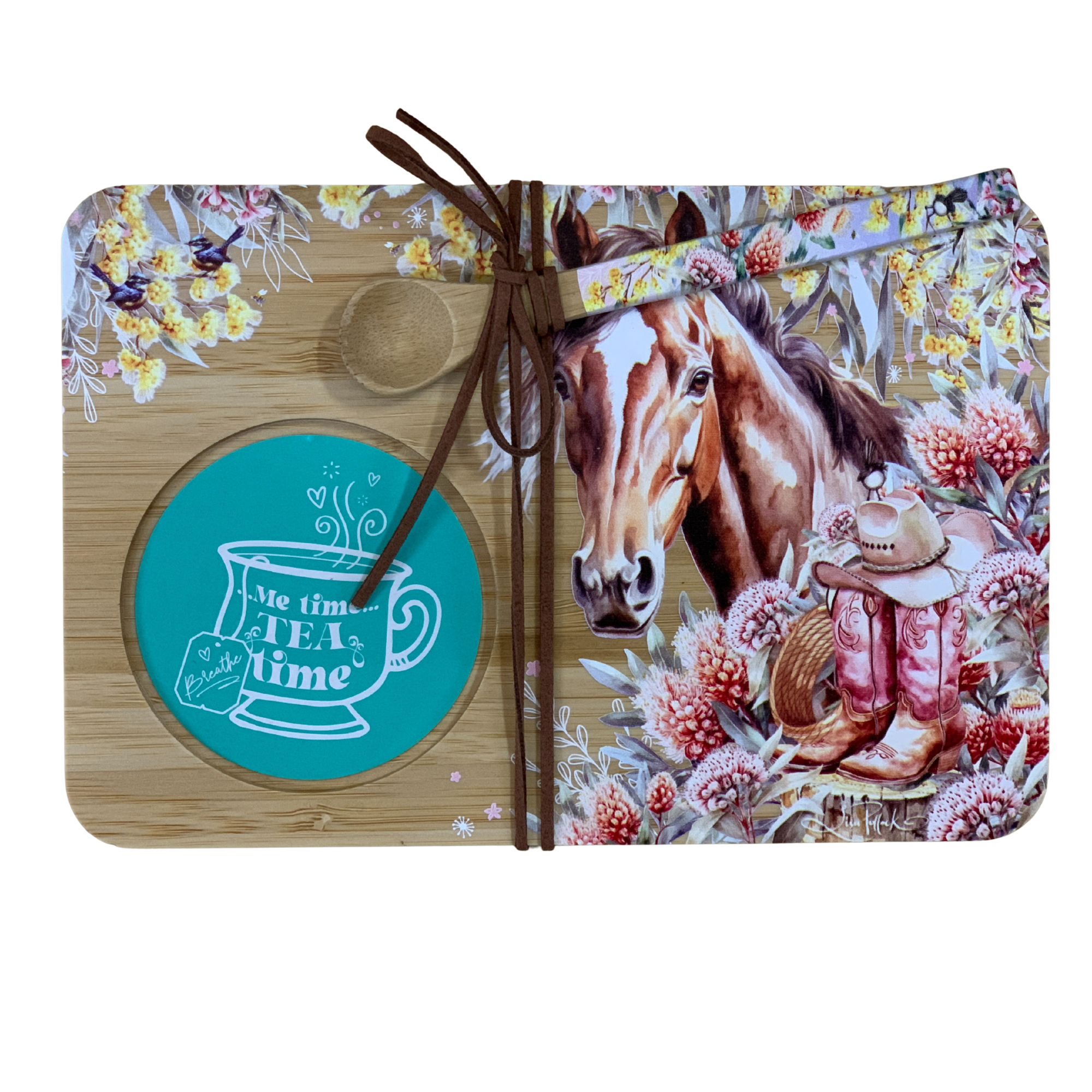 Lisa Pollock Country Dusk Tea Time Tray. Pouch with horse and floral design, featuring a 'Me time is tea time' coaster.