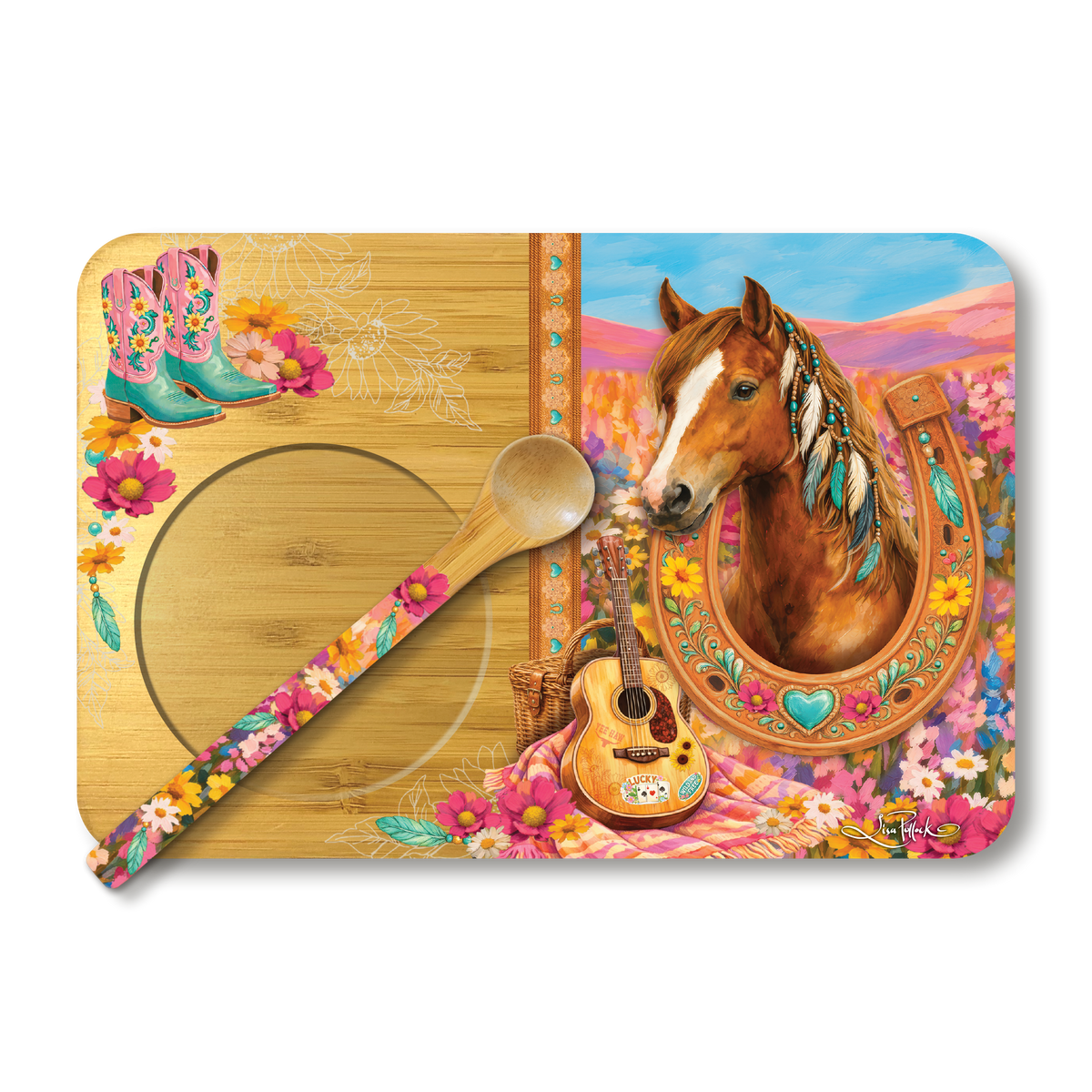 A rectangular decorative placemat with rounded corners featuring a western-themed illustration: a brown horse head inside a horseshoe, floral field background, turquoise cowboy boots, a guitar, and a wooden spoon laid diagonally across the left side. The placemat is photographed on a plain white background.