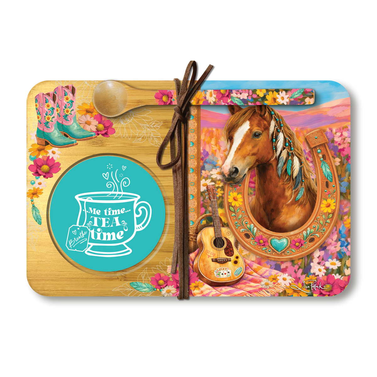 A rectangular wooden serving board with rounded corners, decorated with a colorful western-themed design featuring a brown horse, floral elements, cowboy boots, a guitar, and a turquoise circle that reads 'Me time.