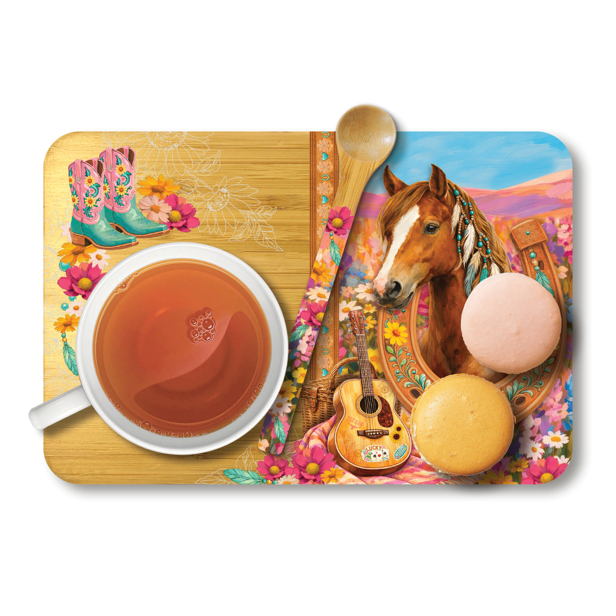 A rectangular wooden serving board with rounded corners, featuring a colorful western-themed printed design. The design includes a brown horse, turquoise cowboy boots, a small acoustic guitar, a white teacup with amber tea, pink and yellow macarons, and floral accents.