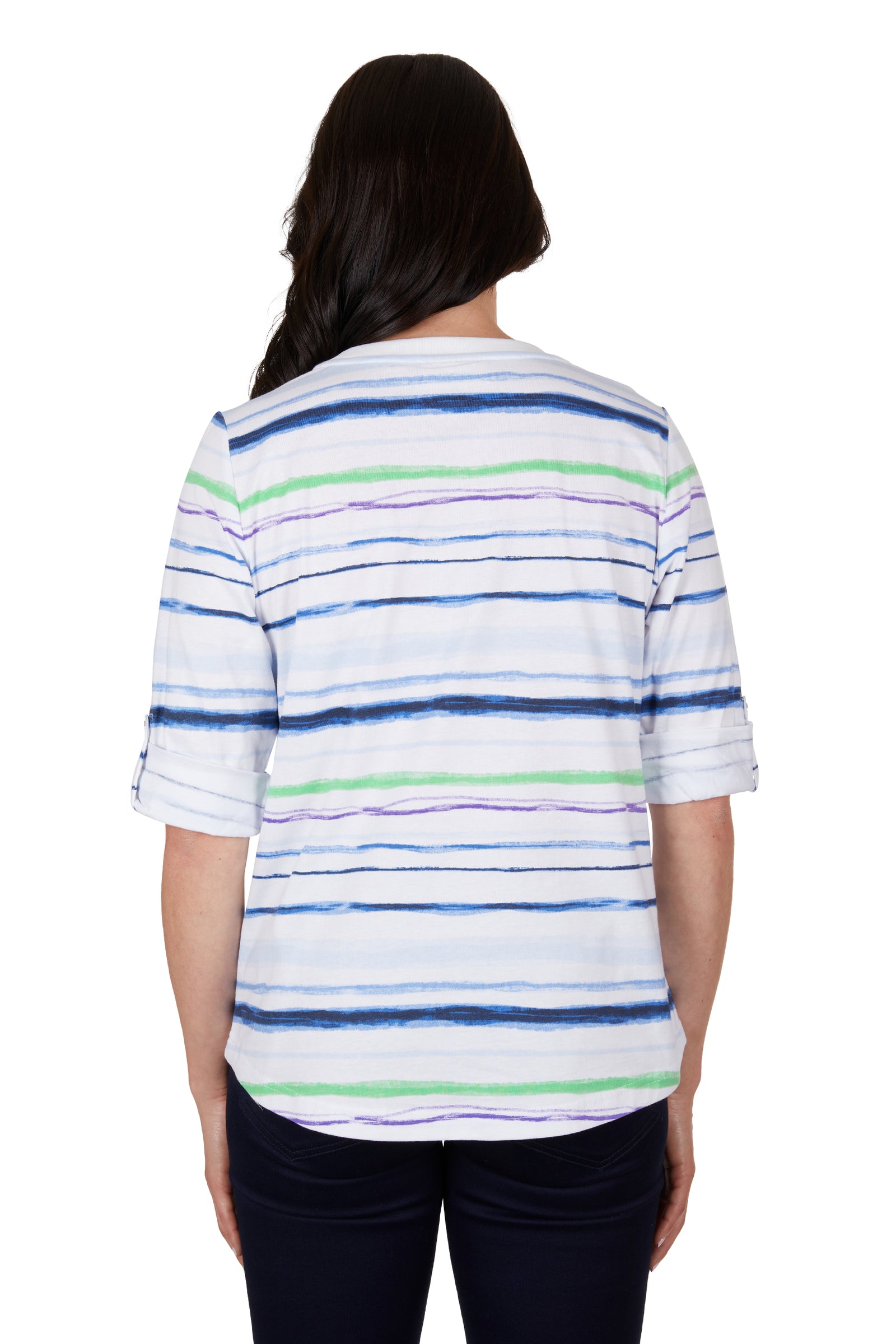 Thomas Cook Women's Nadia 3/4 Sleeve Tee. A woman wearing a Thomas Cook Women's Nadia 3/4 Sleeve Tee with horizontal blue and white stripes.