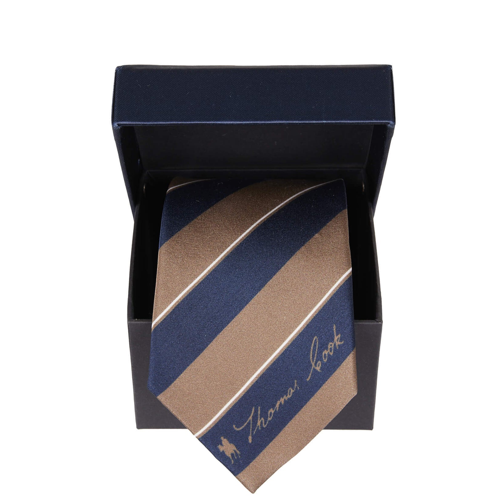 Thomas Cook Men's Clyde Tie. A Thomas Cook men's tie with a striped pattern in blue and beige, displayed in an open gift box.