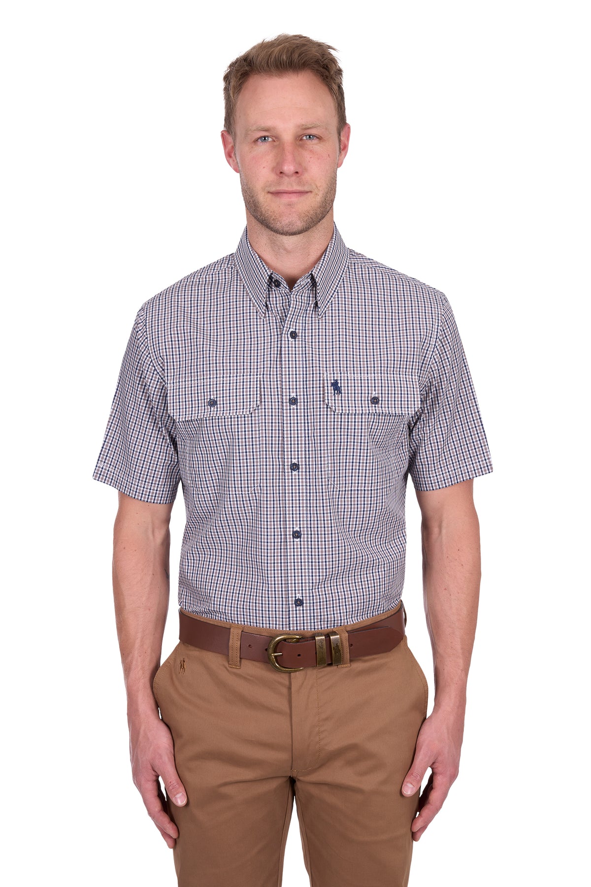 Thomas Cook Men's Will S/S Shirt. Man wearing a checkered shirt and brown pants on a white background