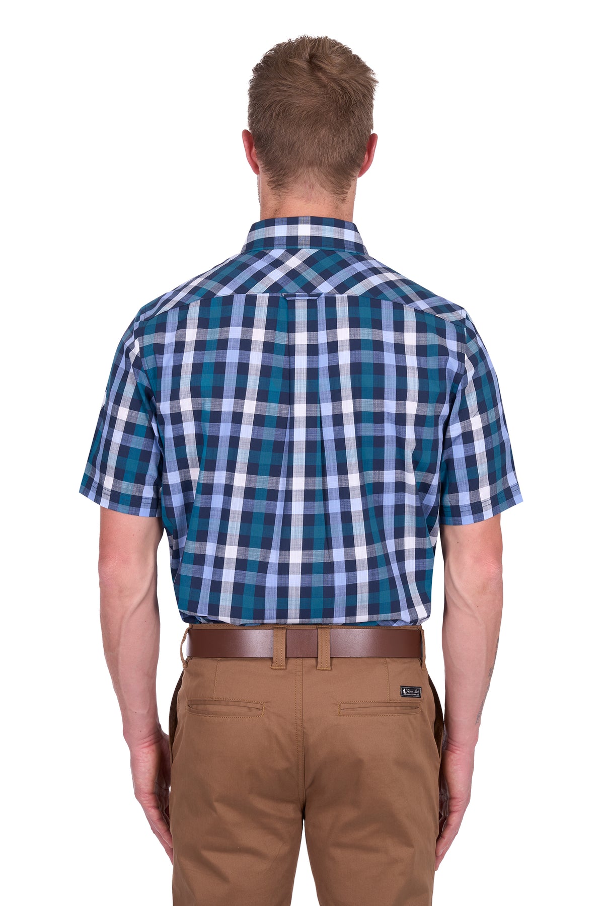 Thomas Cook Men's John S/S Shirt. Man wearing a blue and green plaid shirt with brown pants on a white background