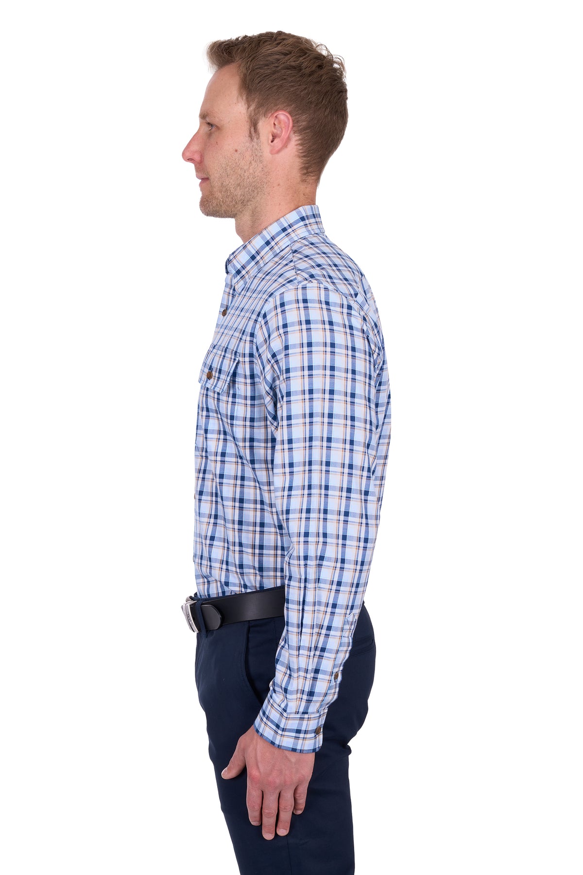 Thomas Cook Men's Thomas L/S Shirt. Man wearing a blue checkered shirt and dark pants on a white background