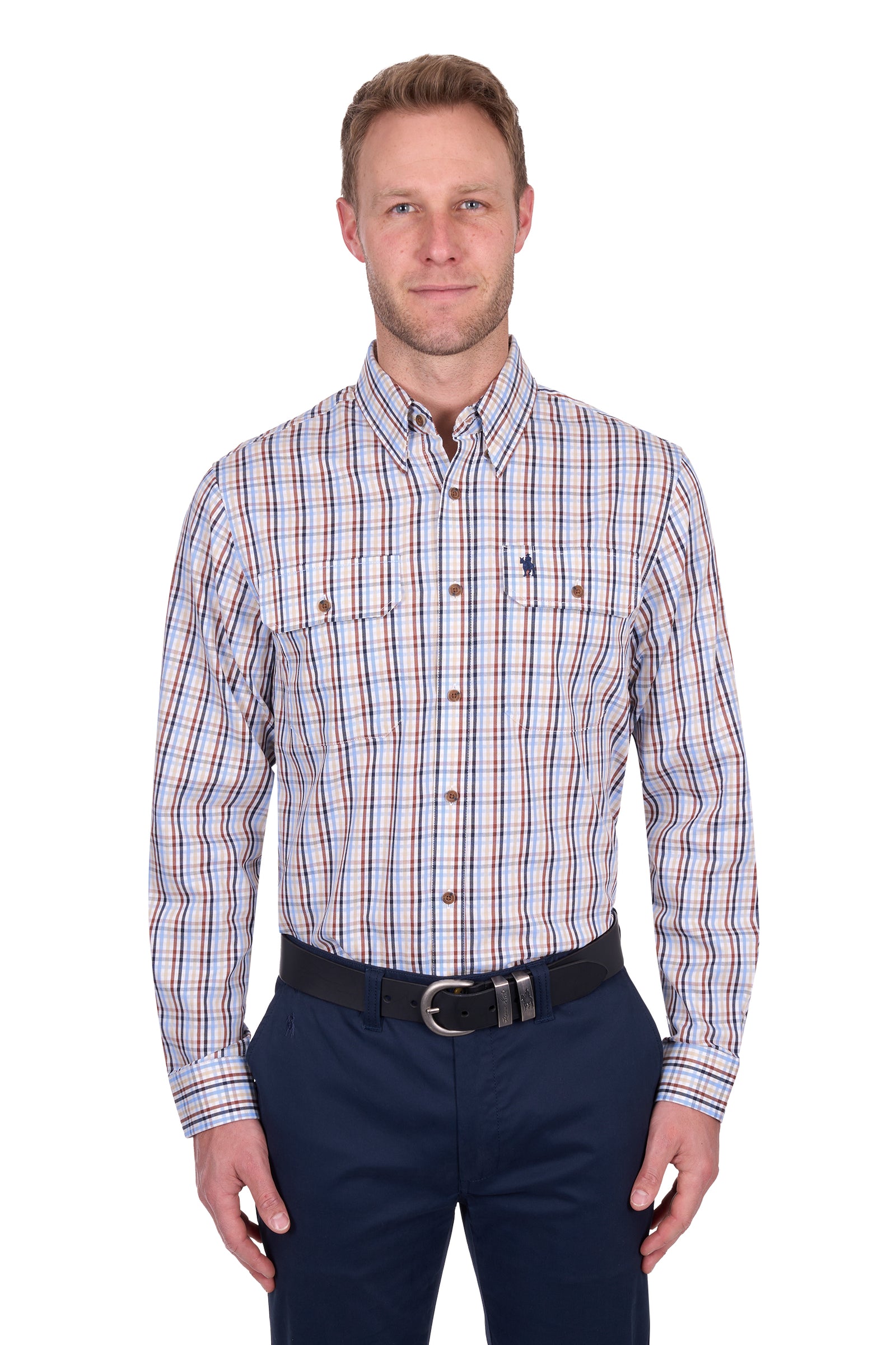 Thomas Cook Men's Scott L/S Shirt. Man wearing a plaid shirt and navy pants on a white background