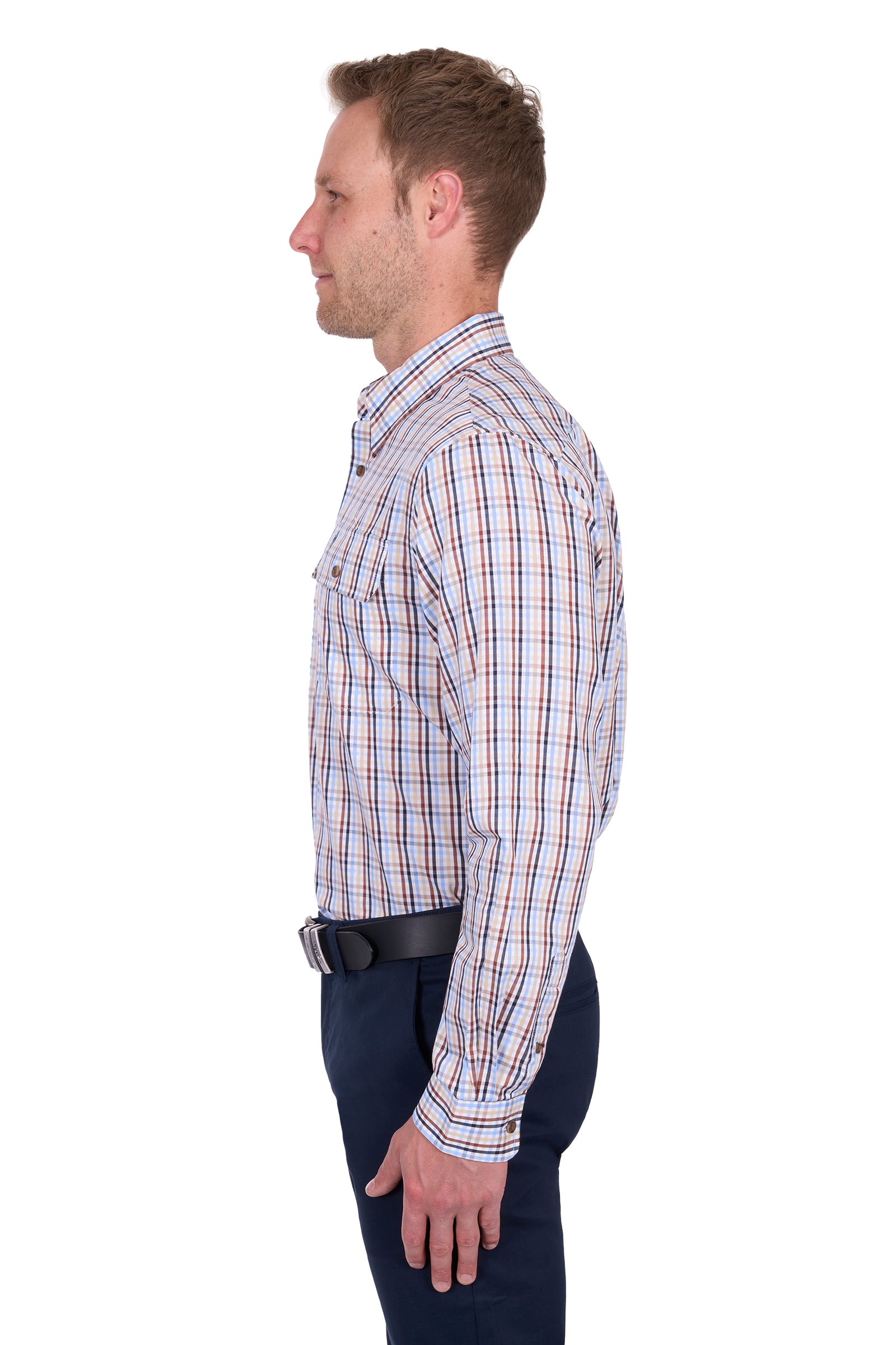 Thomas Cook Men's Scott L/S Shirt. Man wearing a plaid shirt and dark pants on a white background