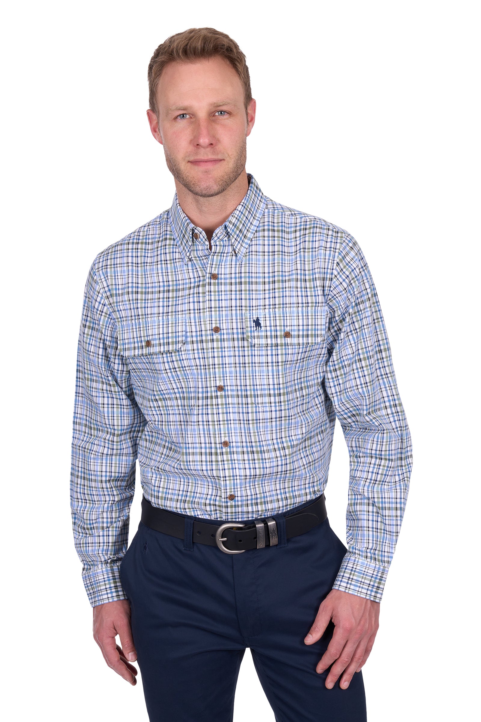 Thomas Cook Men's Eric L/S Shirt. Man wearing a blue plaid shirt and navy pants on a white background