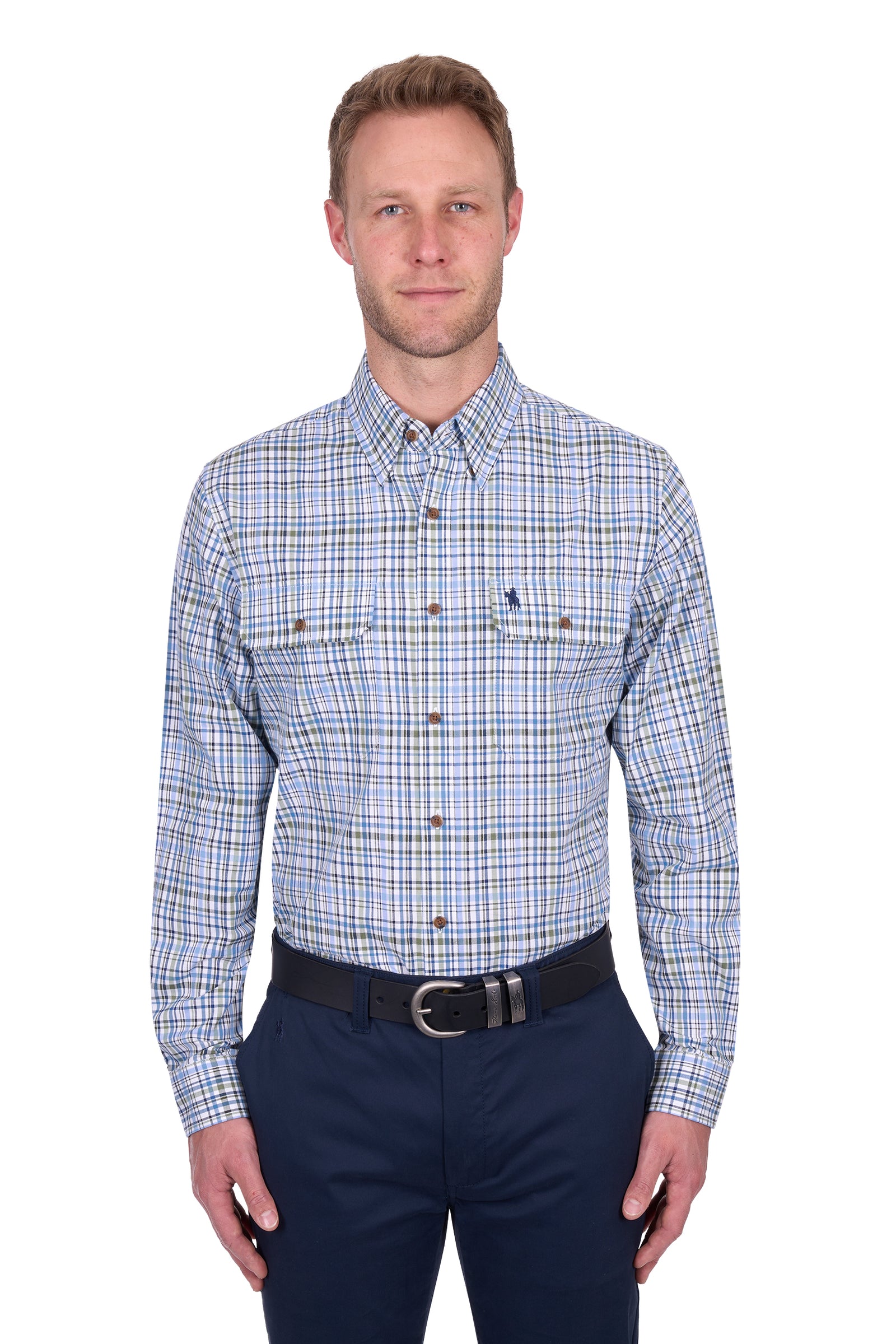Thomas Cook Men's Eric L/S Shirt. Man wearing a blue plaid shirt and navy pants on a white background