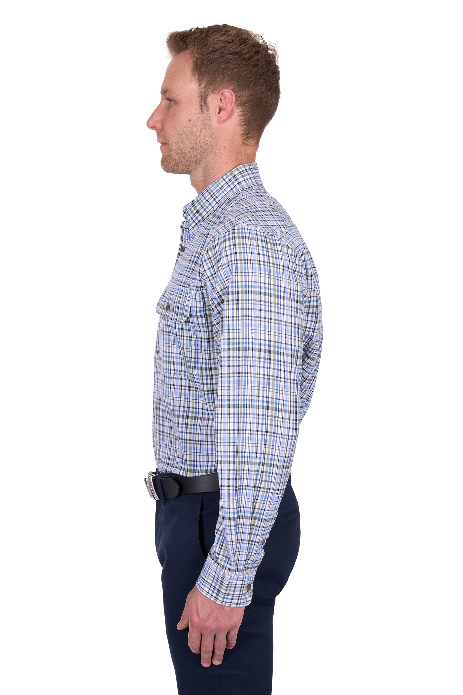 Thomas Cook Men's Eric L/S Shirt. Man wearing a blue plaid shirt and dark pants on a white background