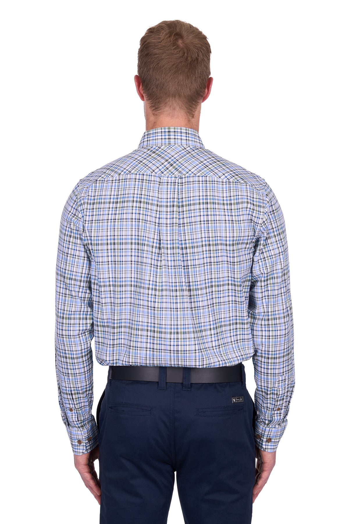 Thomas Cook Men's Eric L/S Shirt. Man wearing a blue plaid shirt and dark pants on a white background