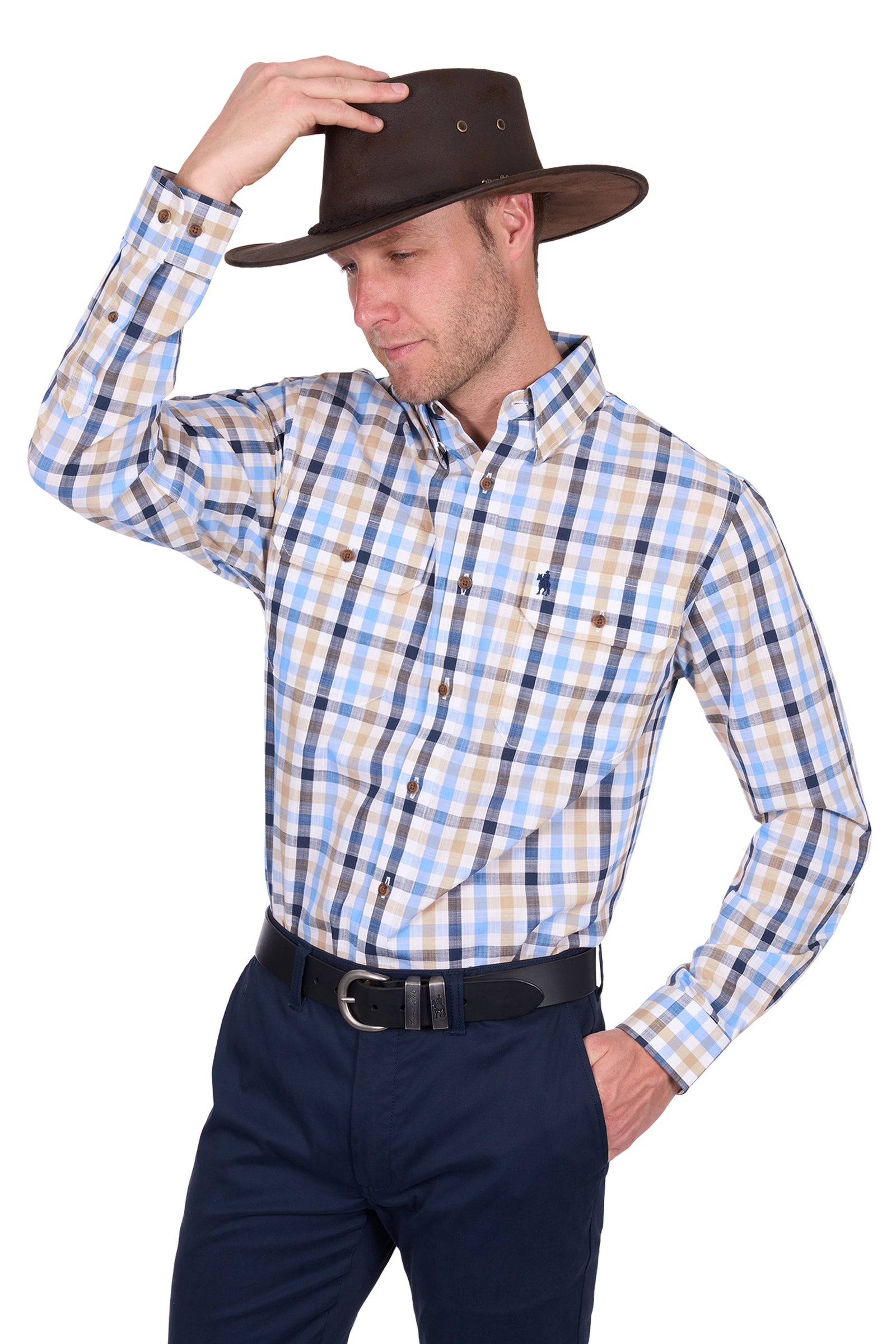 Thomas Cook Men's Jesse L/S Shirt. Man wearing a checkered shirt and cowboy hat on a white background