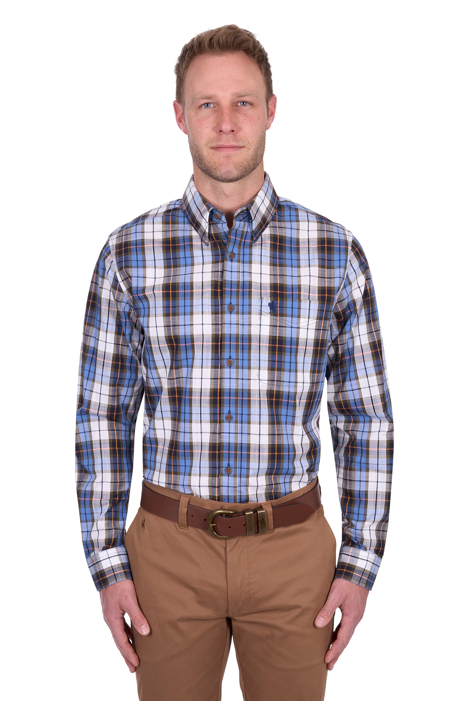 Thomas Cook Men's Daniel L/S Shirt. Man wearing a plaid shirt and brown pants on a white background