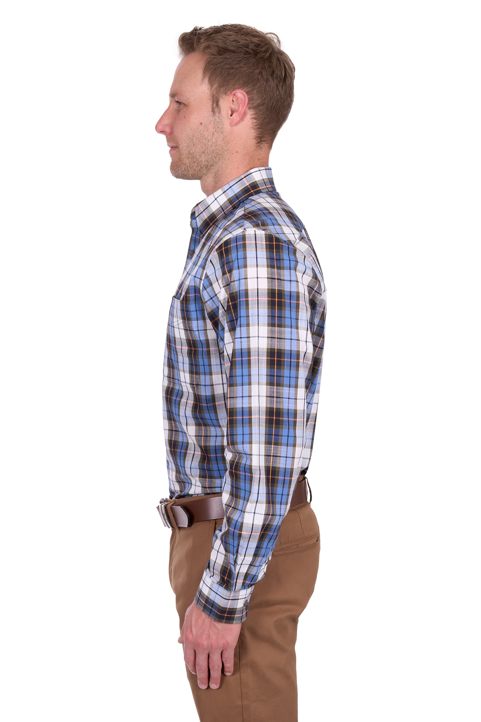 Thomas Cook Men's Daniel L/S Shirt. Man wearing a plaid shirt and brown pants on a white background