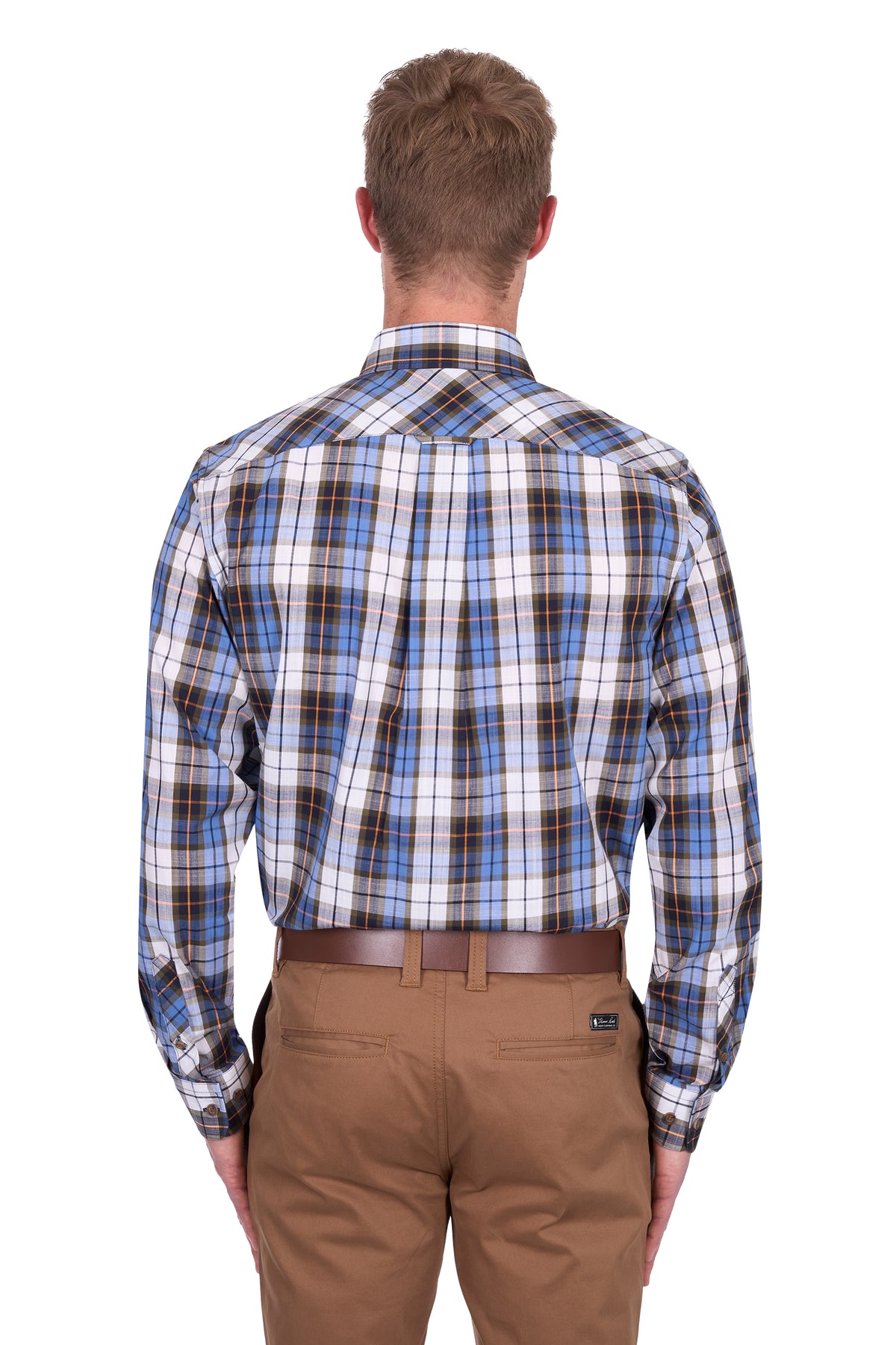 Thomas Cook Men's Daniel L/S Shirt. Man wearing a plaid shirt and brown pants on a white background