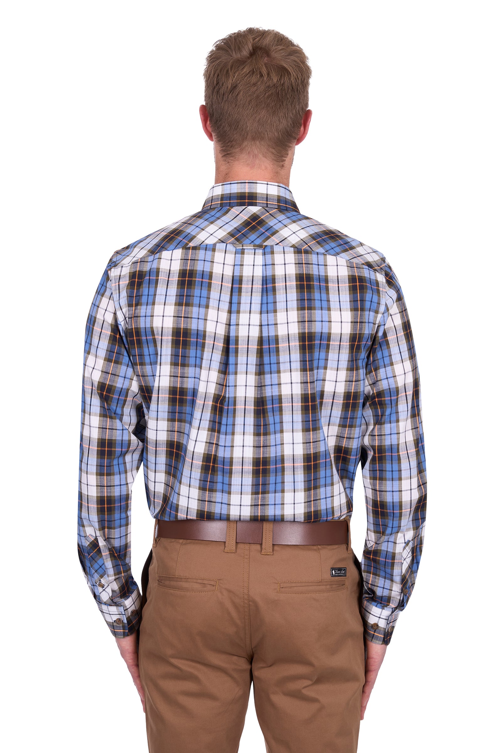 Thomas Cook Men's Daniel L/S Shirt. Man wearing a plaid shirt and brown pants on a white background