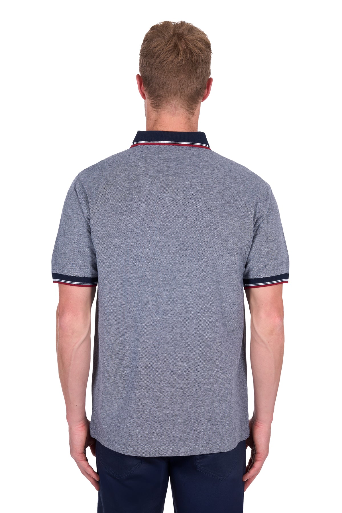 Rear view of a man wearing a Thomas Cook Men's Dan Tailored S/S Polo. Navy Marle polo shirt with navy accents on a white background