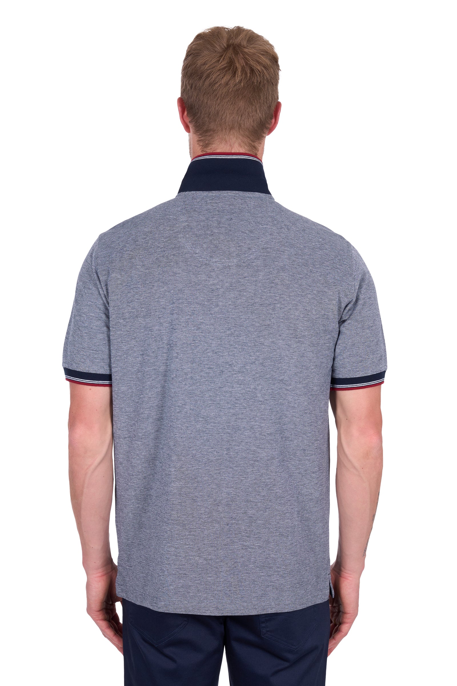 Rear view of a man wearing a Thomas Cook Men's Dan Tailored S/S Polo. Navy Marle polo shirt with navy accents on a white background