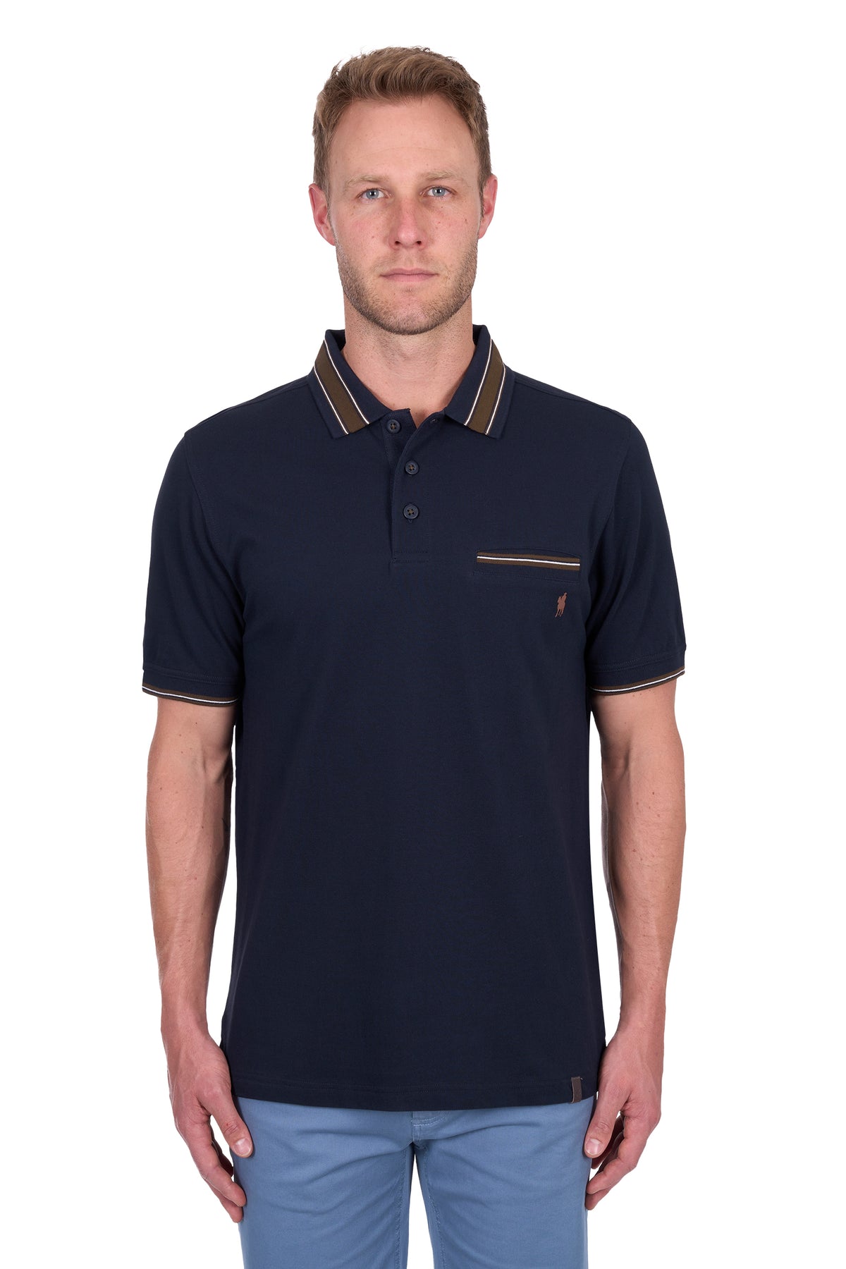 Man wearing a Thomas Cook Men's Ben Tailored S/S Polo. Navy polo shirt with a zipper pocket on a white background