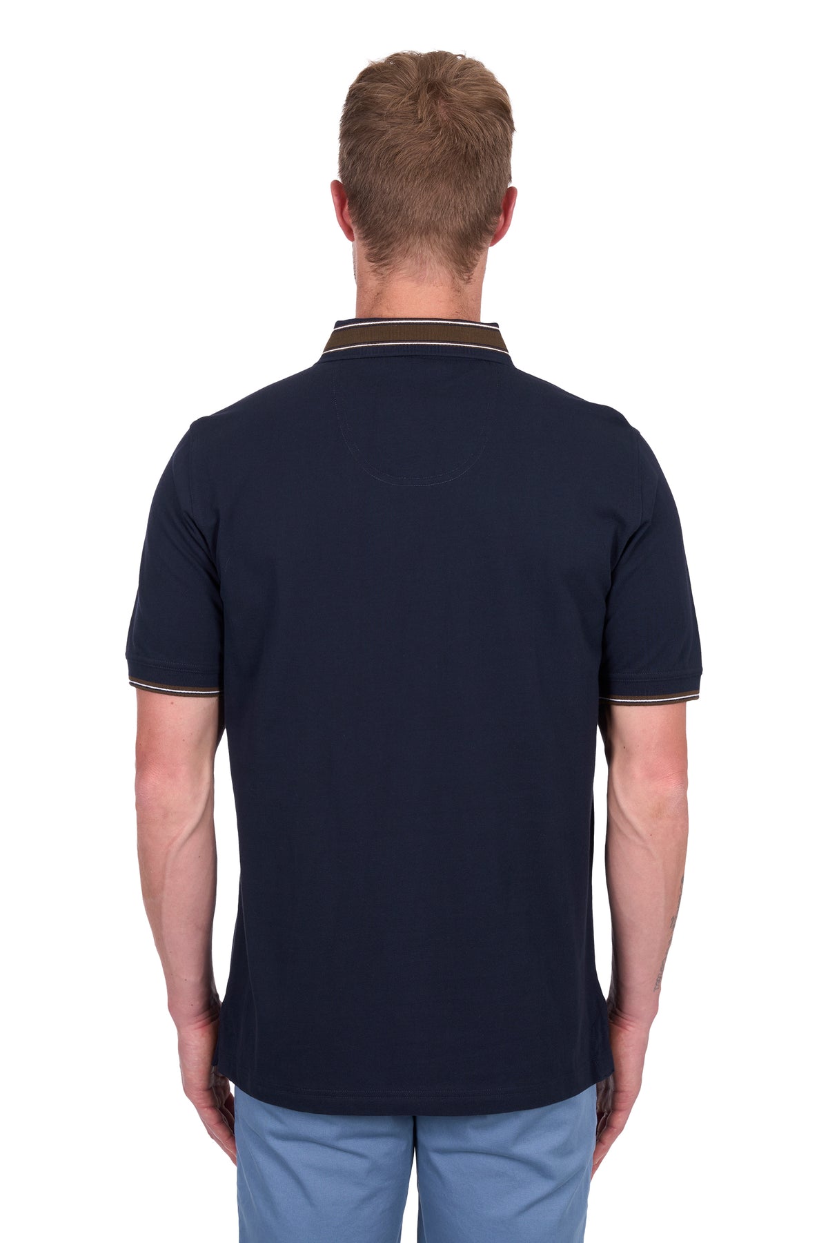 Rear view of a man wearing a Thomas Cook Men's Ben Tailored S/S Polo. Navy polo shirt with a zipper pocket on a white background