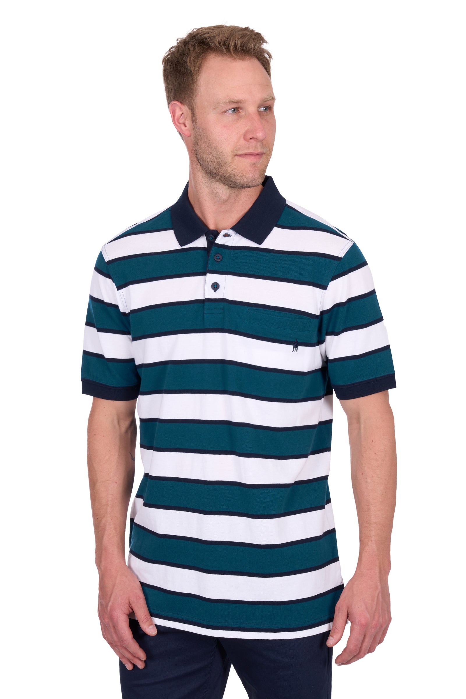 Man wearing a Thomas Cook Men's Ryan Tailored S/S Polo. Blue and white striped polo shirt on a white background