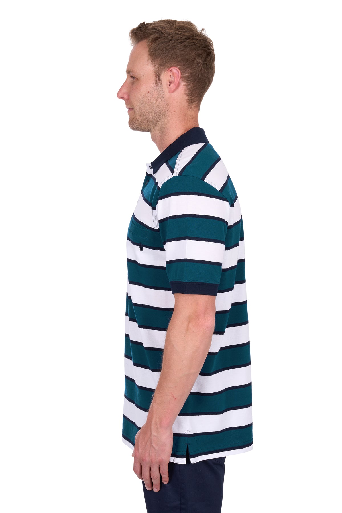 Side view of a man wearing a Thomas Cook Men's Ryan Tailored S/S Polo. Blue and white striped polo shirt on a white background