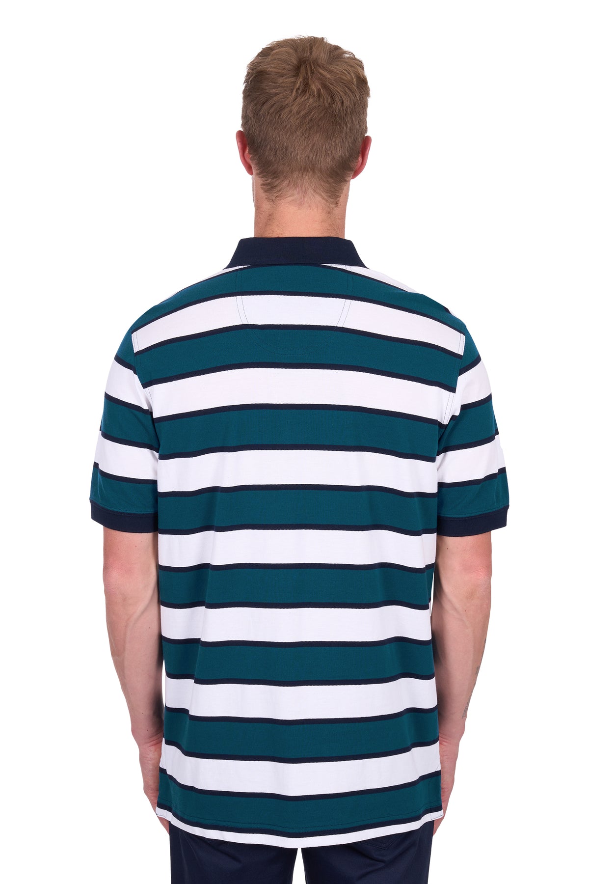 Rear view of a man wearing a Thomas Cook Men's Ryan Tailored S/S Polo. Blue and white striped polo shirt on a white background