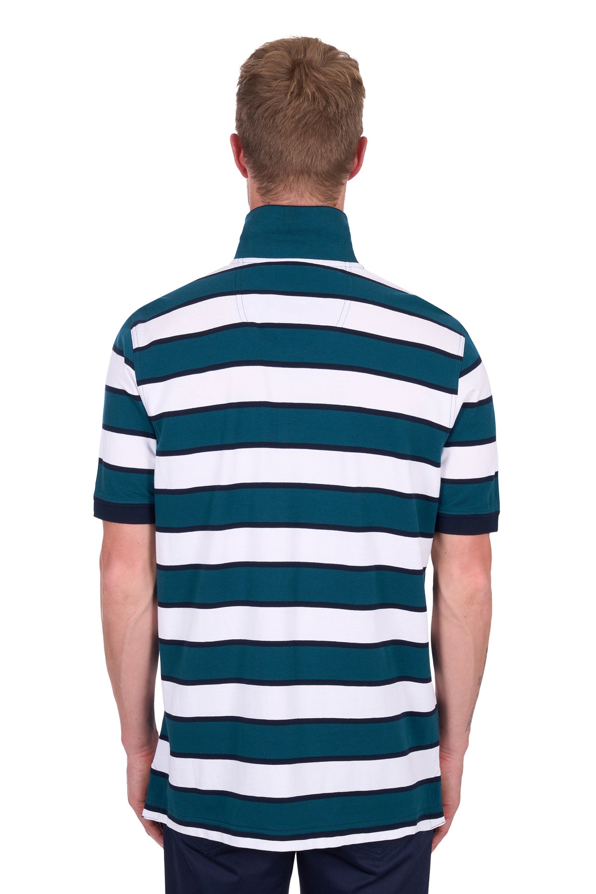 Rear view of a man wearing a Thomas Cook Men's Ryan Tailored S/S Polo. Blue and white striped polo shirt on a white background