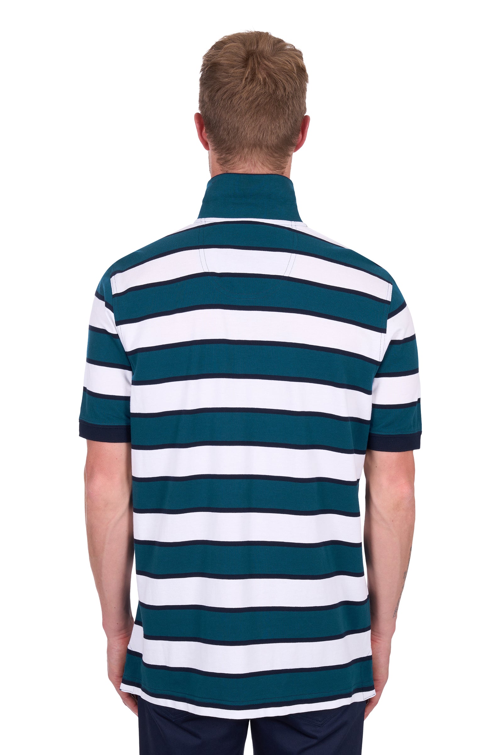 Rear view of a man wearing a Thomas Cook Men's Ryan Tailored S/S Polo. Blue and white striped polo shirt on a white background