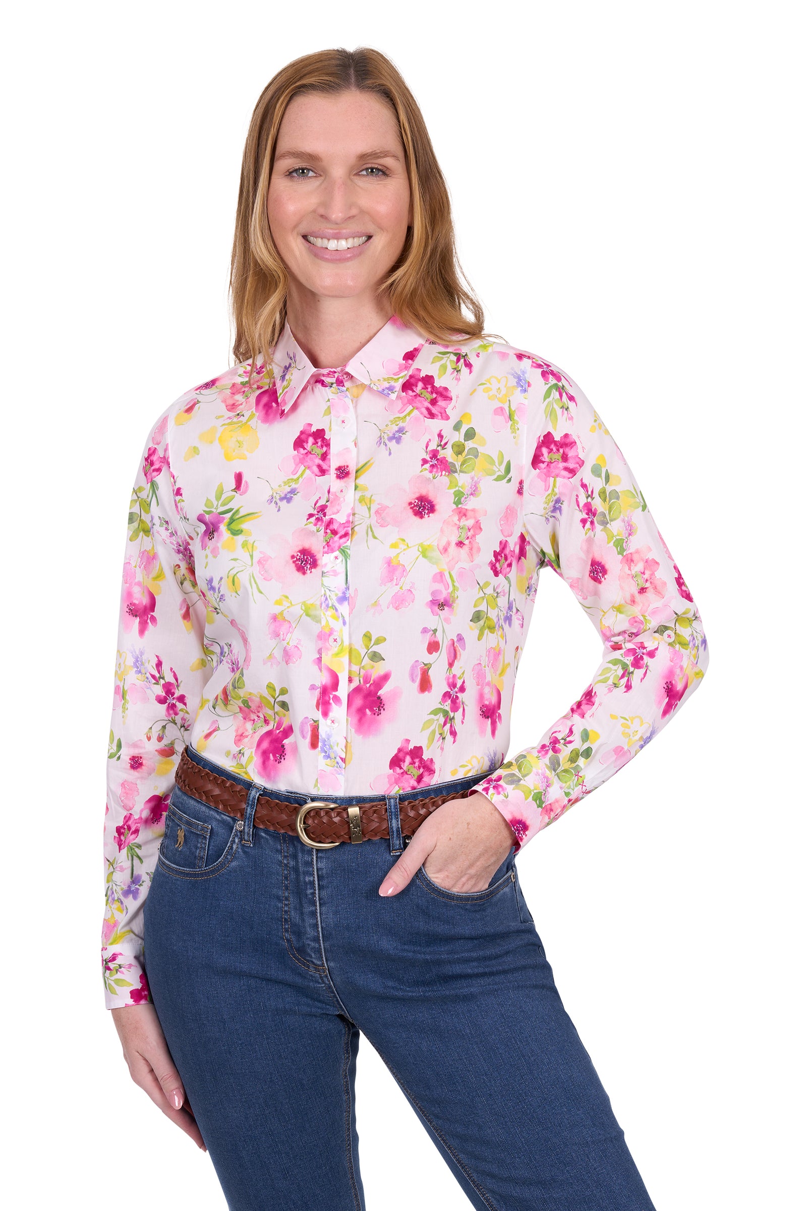 Thomas Cook Women's Mila L/S Western Shirt. Woman wearing a floral shirt and jeans on a white background