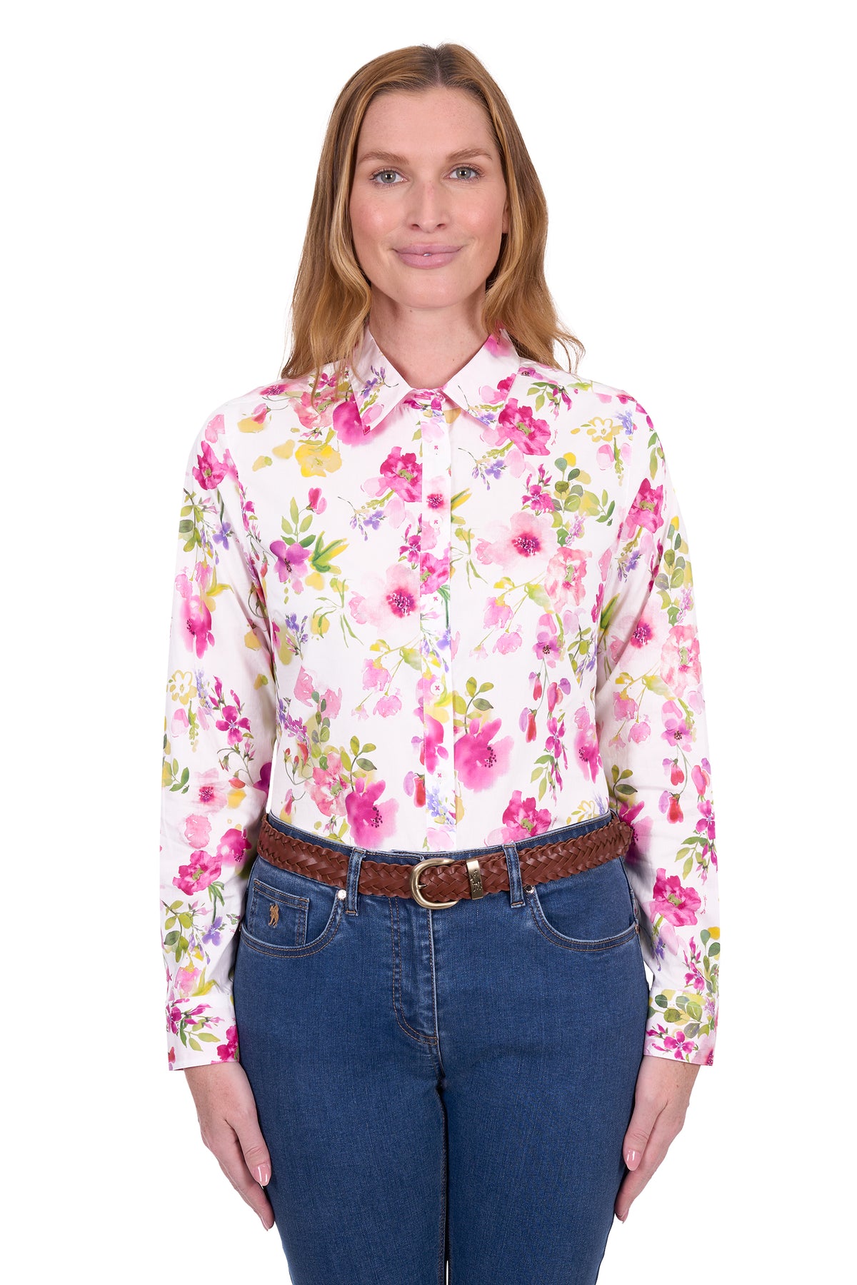 Thomas Cook Women's Mila L/S Western Shirt. Woman wearing a floral shirt and jeans on a white background