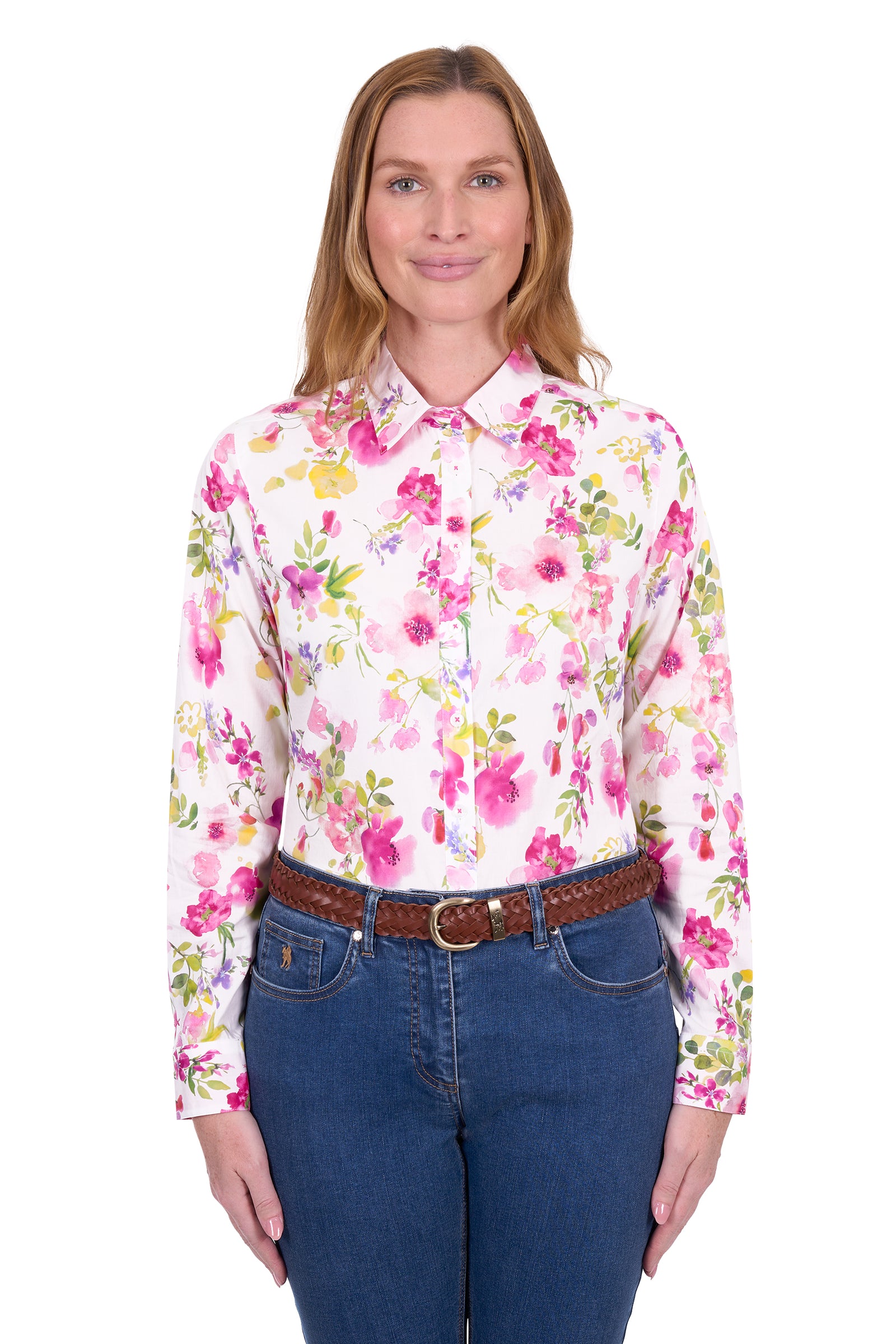 Thomas Cook Women's Mila L/S Western Shirt. Woman wearing a floral shirt and jeans on a white background